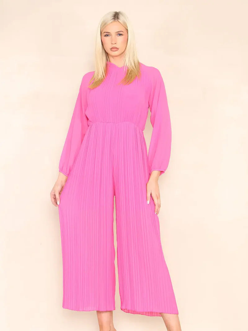 High Neck Pleated Jumpsuit with Open Bow Back - jqwholesale.com
