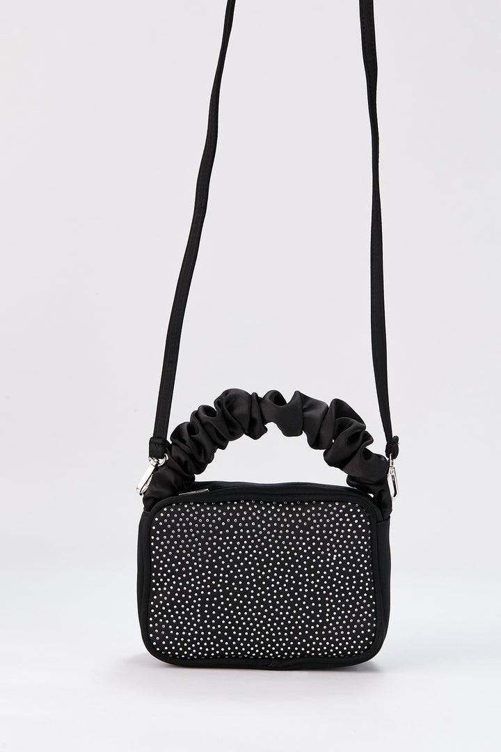 Diamente Evening Bag with Detachable Crossbody Strap - Black