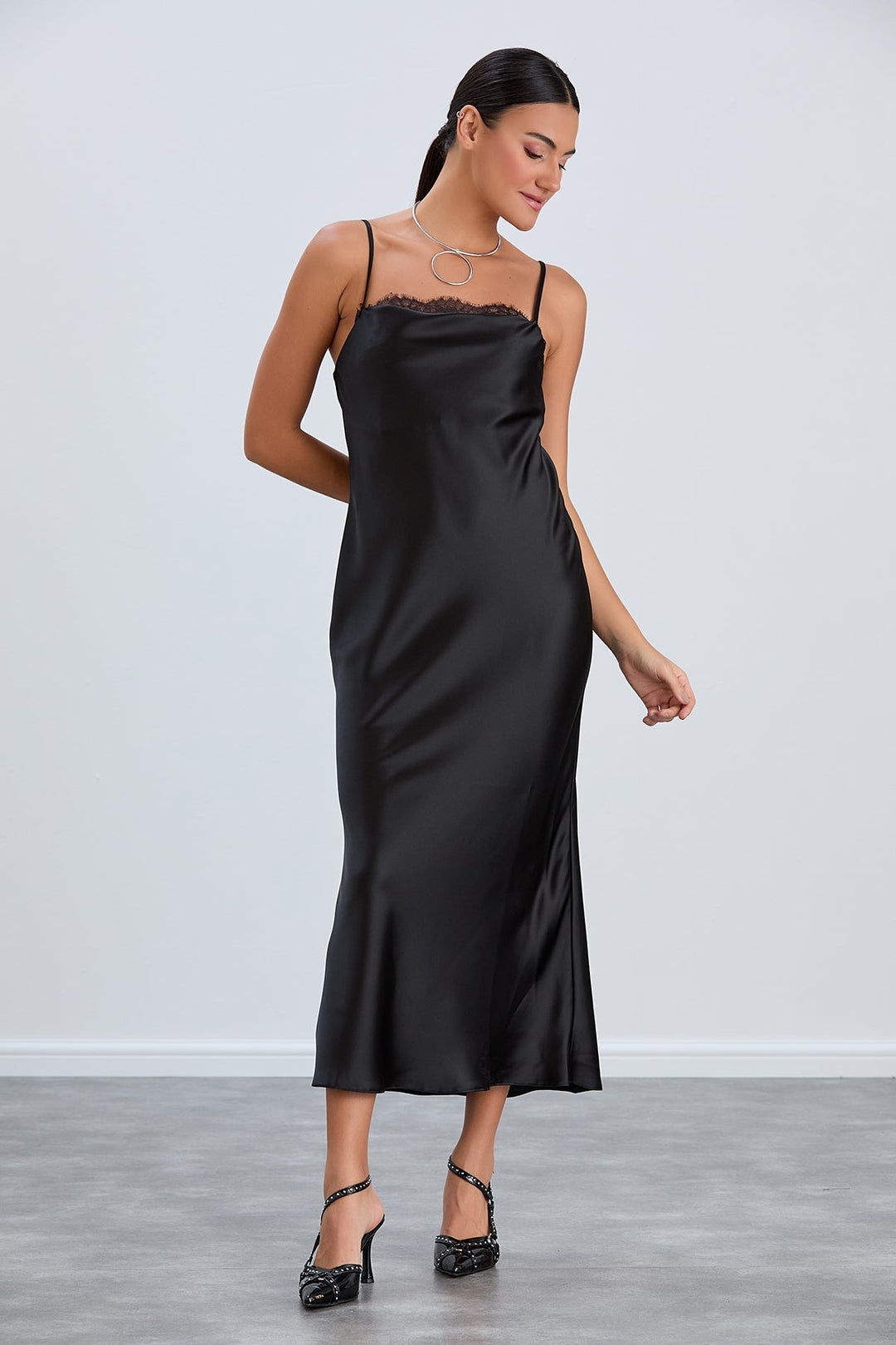 Black Satin Cami Dress with Delicate Lace - jqwholesale.com