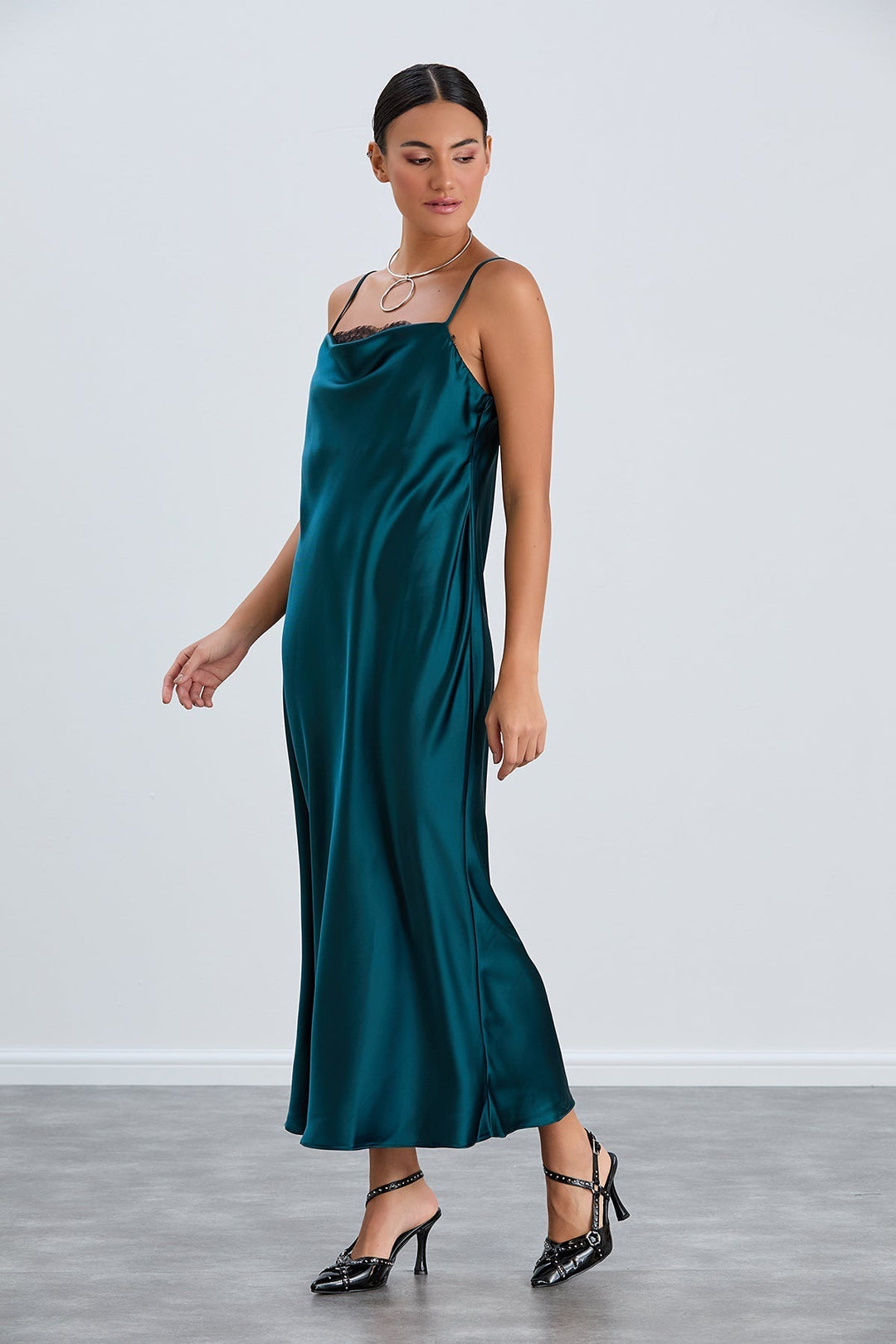 Green Satin Cami Dress with Delicate Lace - jqwholesale.com