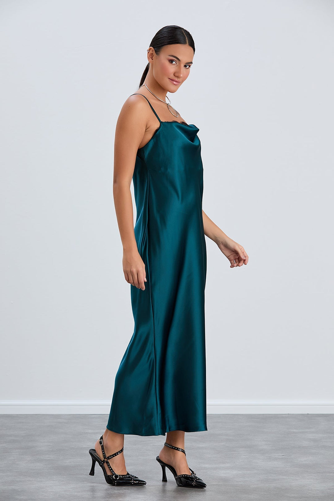 Green Satin Cami Dress with Delicate Lace - jqwholesale.com