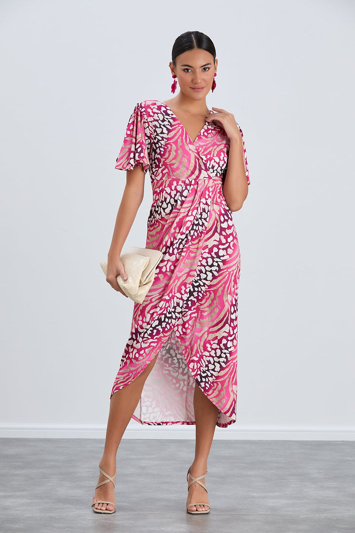 Flirty Flutter Sleeve Wrap Midi Dress in Fuchsia Animal Print - jqwholesale.com