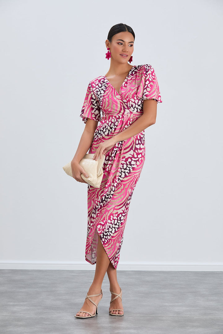 Flirty Flutter Sleeve Wrap Midi Dress in Fuchsia Animal Print - jqwholesale.com
