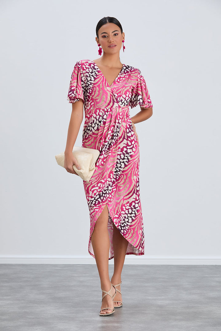Flirty Flutter Sleeve Wrap Midi Dress in Fuchsia Animal Print - jqwholesale.com