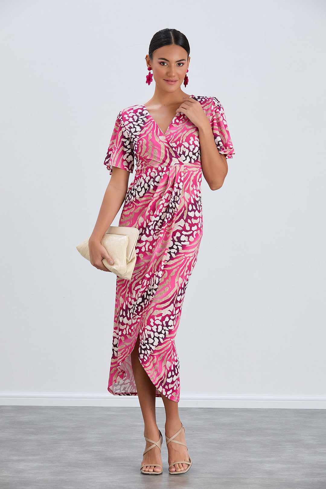 Flirty Flutter Sleeve Wrap Midi Dress in Fuchsia Animal Print - jqwholesale.com