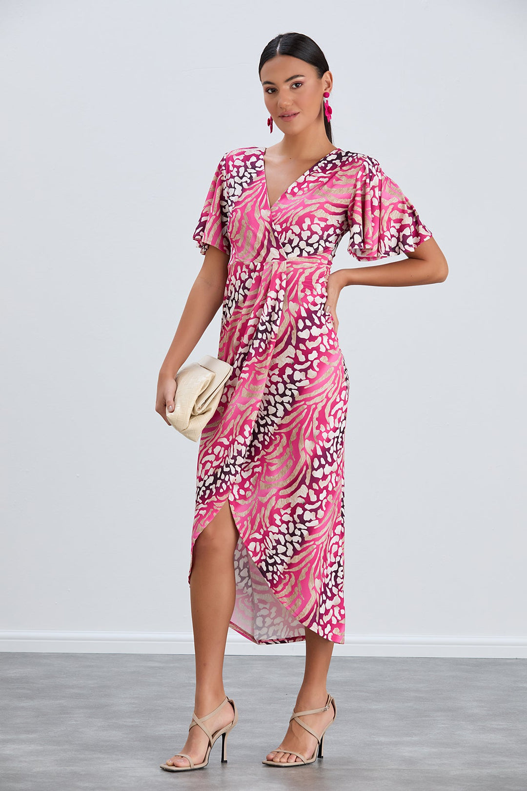 Flirty Flutter Sleeve Wrap Midi Dress in Fuchsia Animal Print - jqwholesale.com