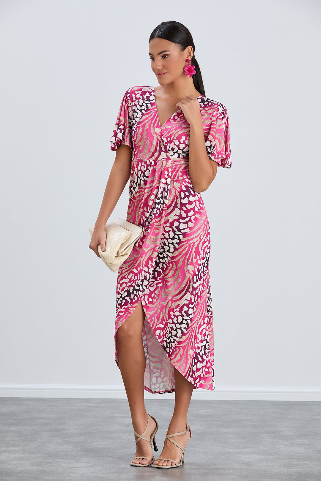 Flirty Flutter Sleeve Wrap Midi Dress in Fuchsia Animal Print - jqwholesale.com