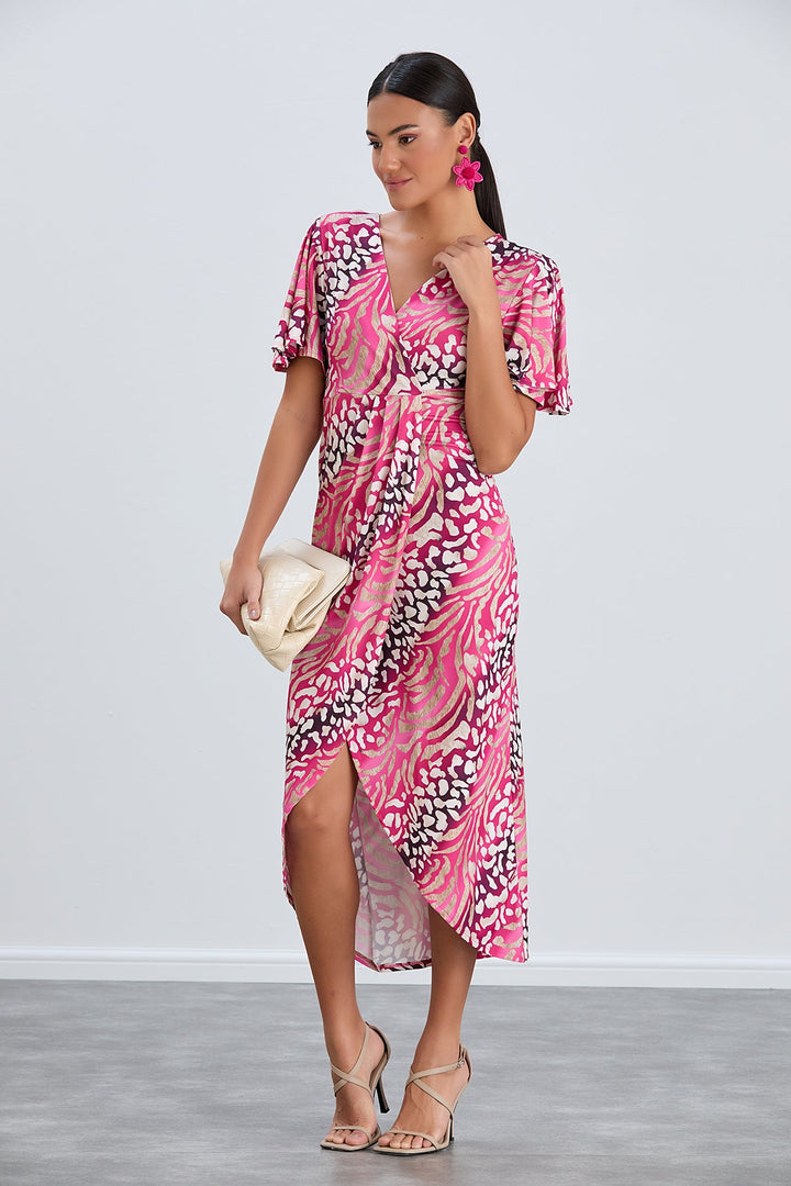 Flirty Flutter Sleeve Wrap Midi Dress in Fuchsia Animal Print - jqwholesale.com