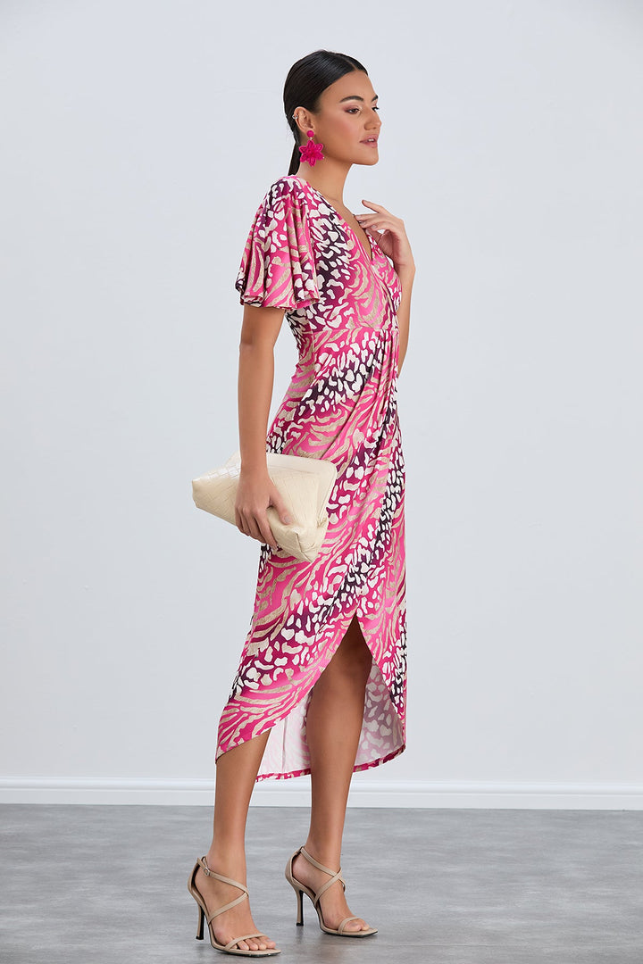 Flirty Flutter Sleeve Wrap Midi Dress in Fuchsia Animal Print - jqwholesale.com