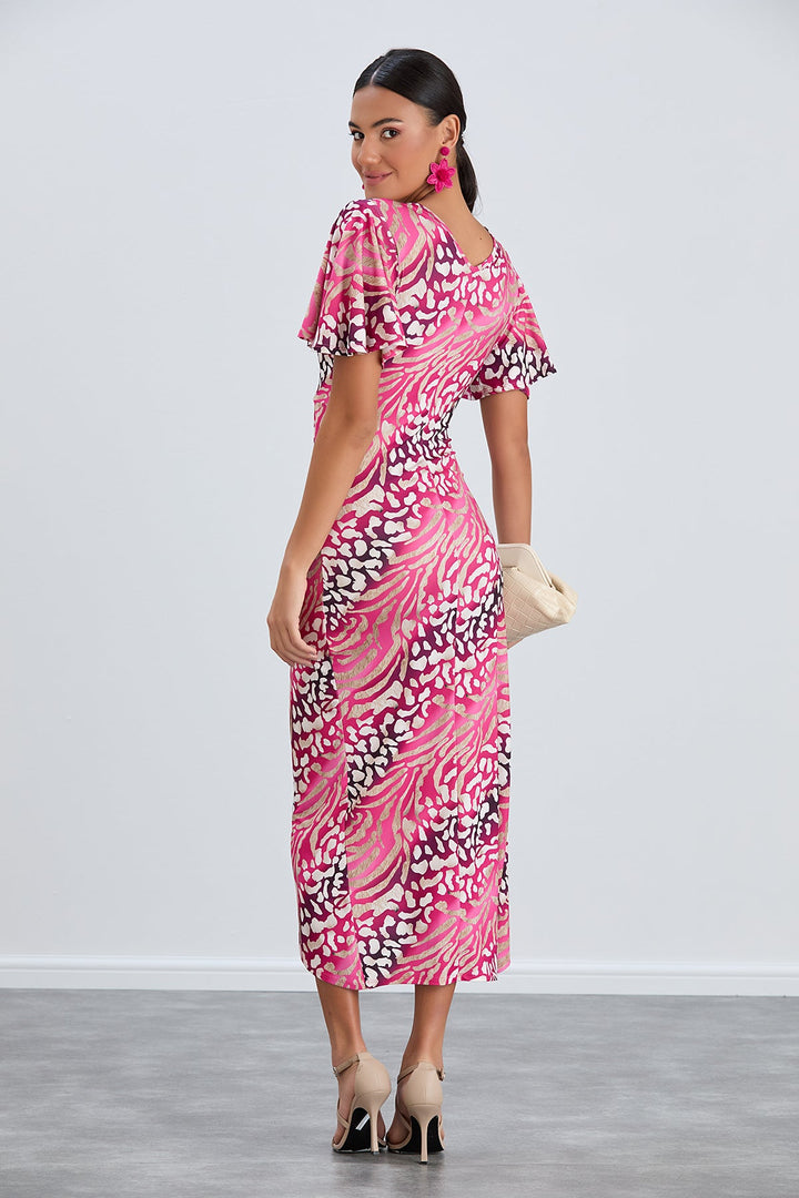 Flirty Flutter Sleeve Wrap Midi Dress in Fuchsia Animal Print - jqwholesale.com