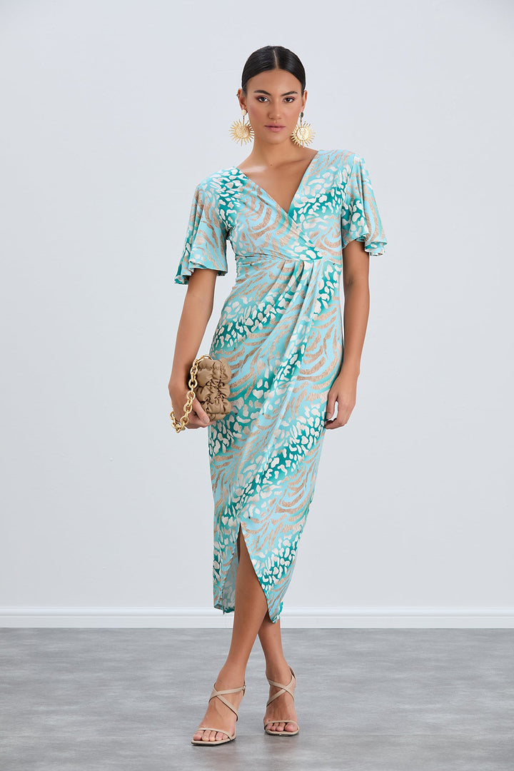 Flirty Flutter Sleeve Wrap Midi Dress in Mint Animal Print - jqwholesale.com