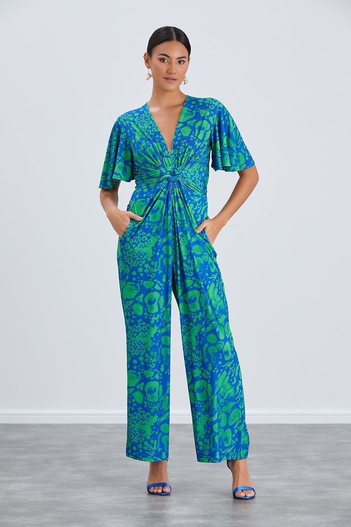 Tropical Green Angel Sleeve Maxi Jumpsuit with Twist Detail - jqwholesale.com
