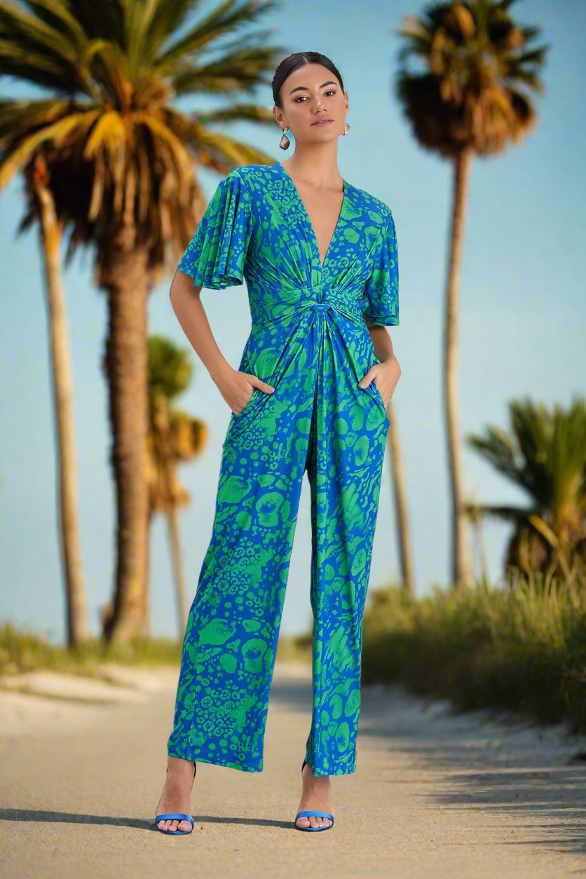 Tropical Green Angel Sleeve Maxi Jumpsuit with Twist Detail - jqwholesale.com