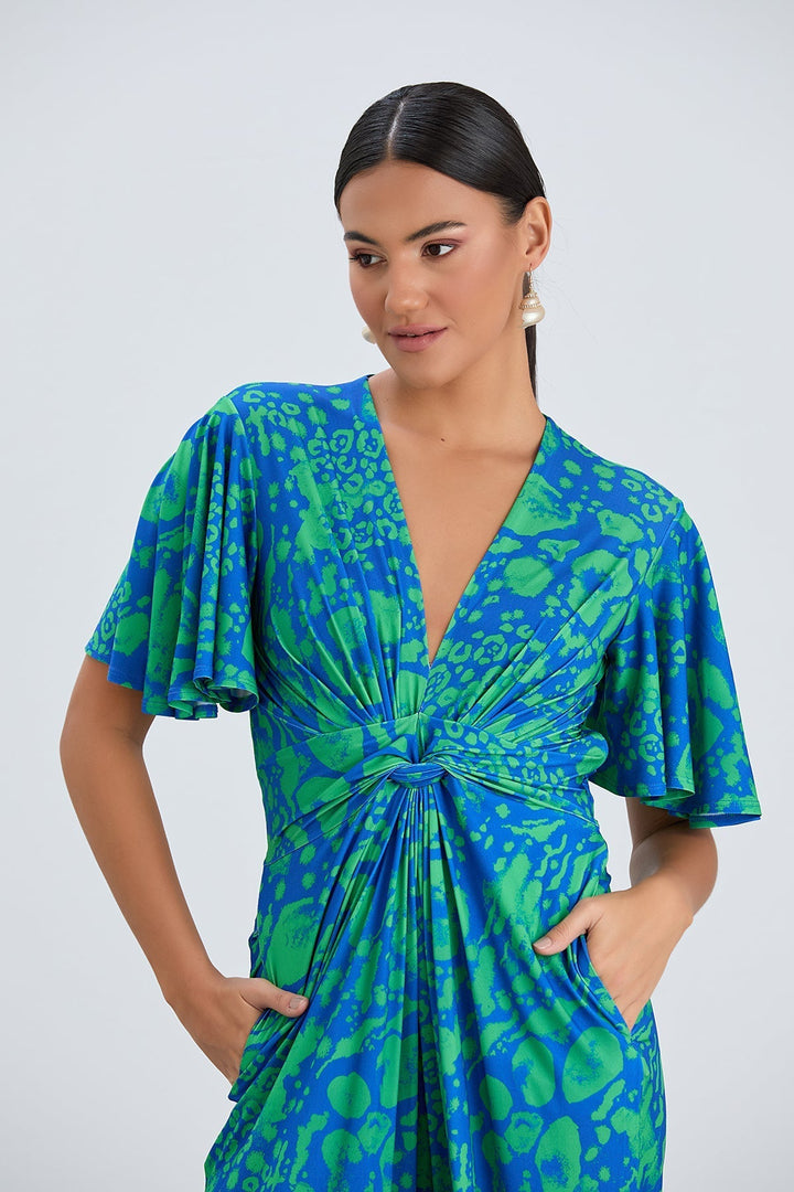 Tropical Green Angel Sleeve Maxi Jumpsuit with Twist Detail - jqwholesale.com