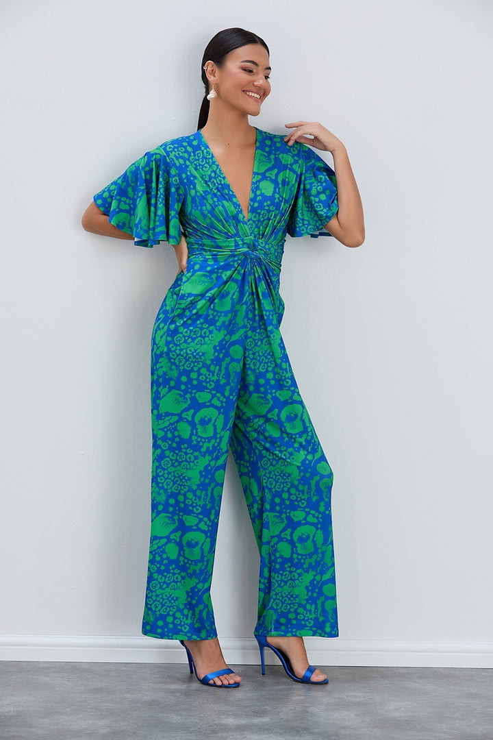 Tropical Green Angel Sleeve Maxi Jumpsuit with Twist Detail - jqwholesale.com