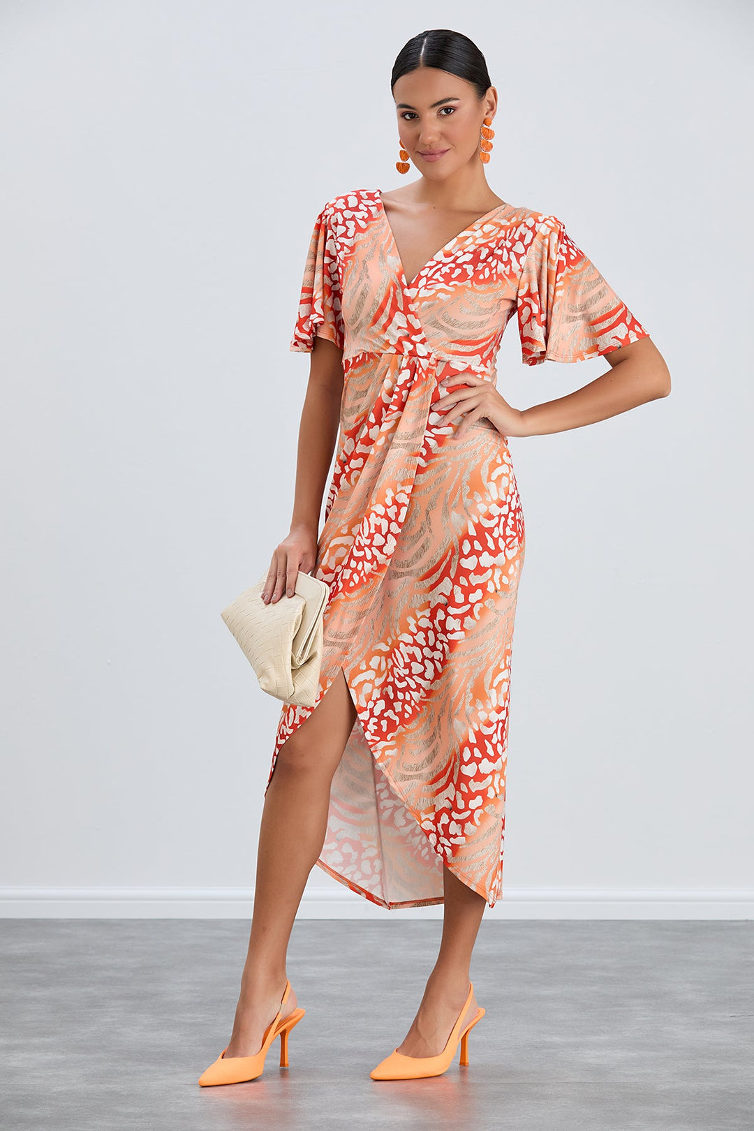 orange animal print dress Lottie Textured Leopard Print V Neck Midi Dress Orange Multi
