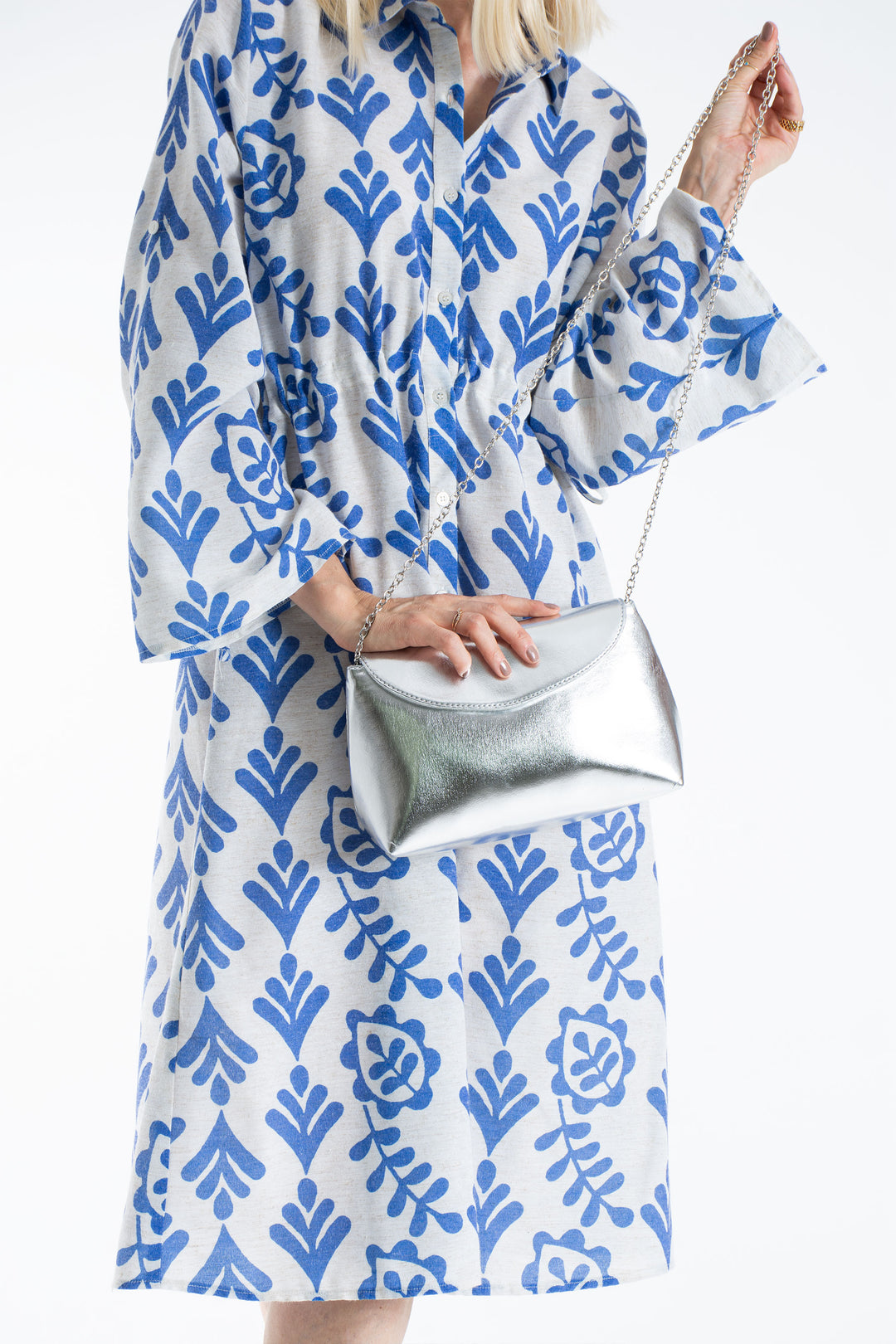 Women’s Linen Blend Leaf Print Midi Shirt Dress - Green