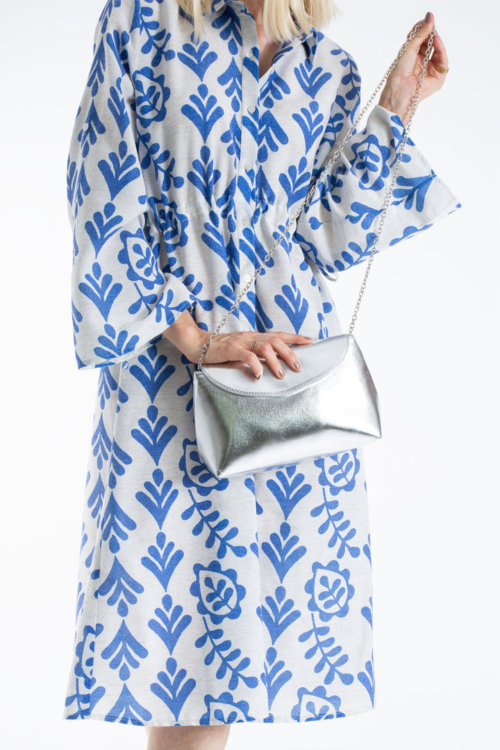 Women’s Linen Blend Leaf Print Midi Shirt Dress - Blue