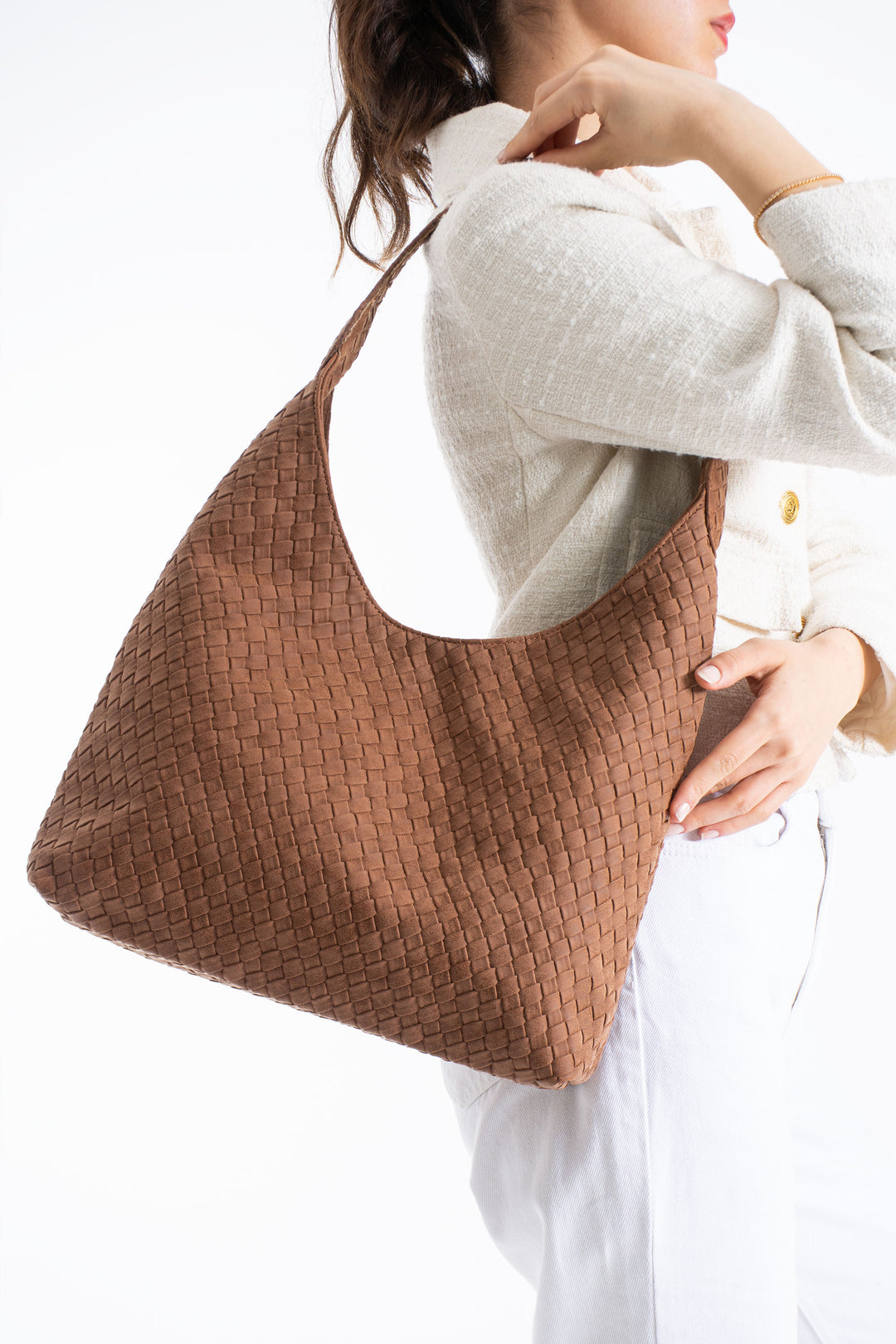 Woven Suede Slouchy Tote Bag with Matching Zipper Pouch 2PCS Set - Tan