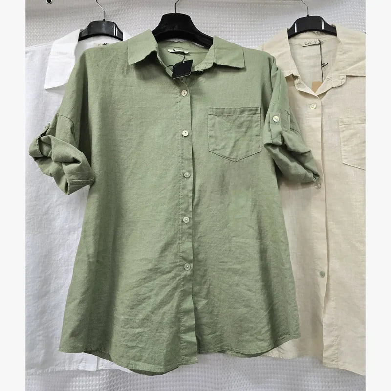 Linen Cotton Blend Turn Up Sleeve Shirt - jqwholesale.com