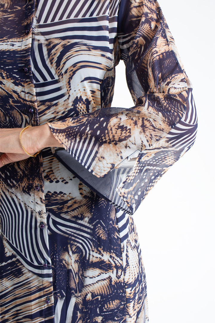 Womens Abstract Print Chiffon Midi Shirt Dress