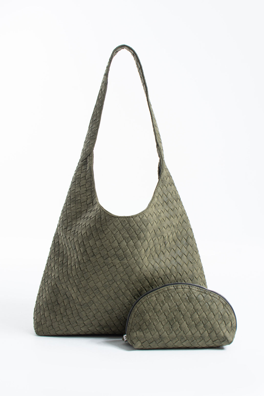 Woven Suede Slouchy Tote Bag with Matching Zipper Pouch 2PCS Set - Khaki