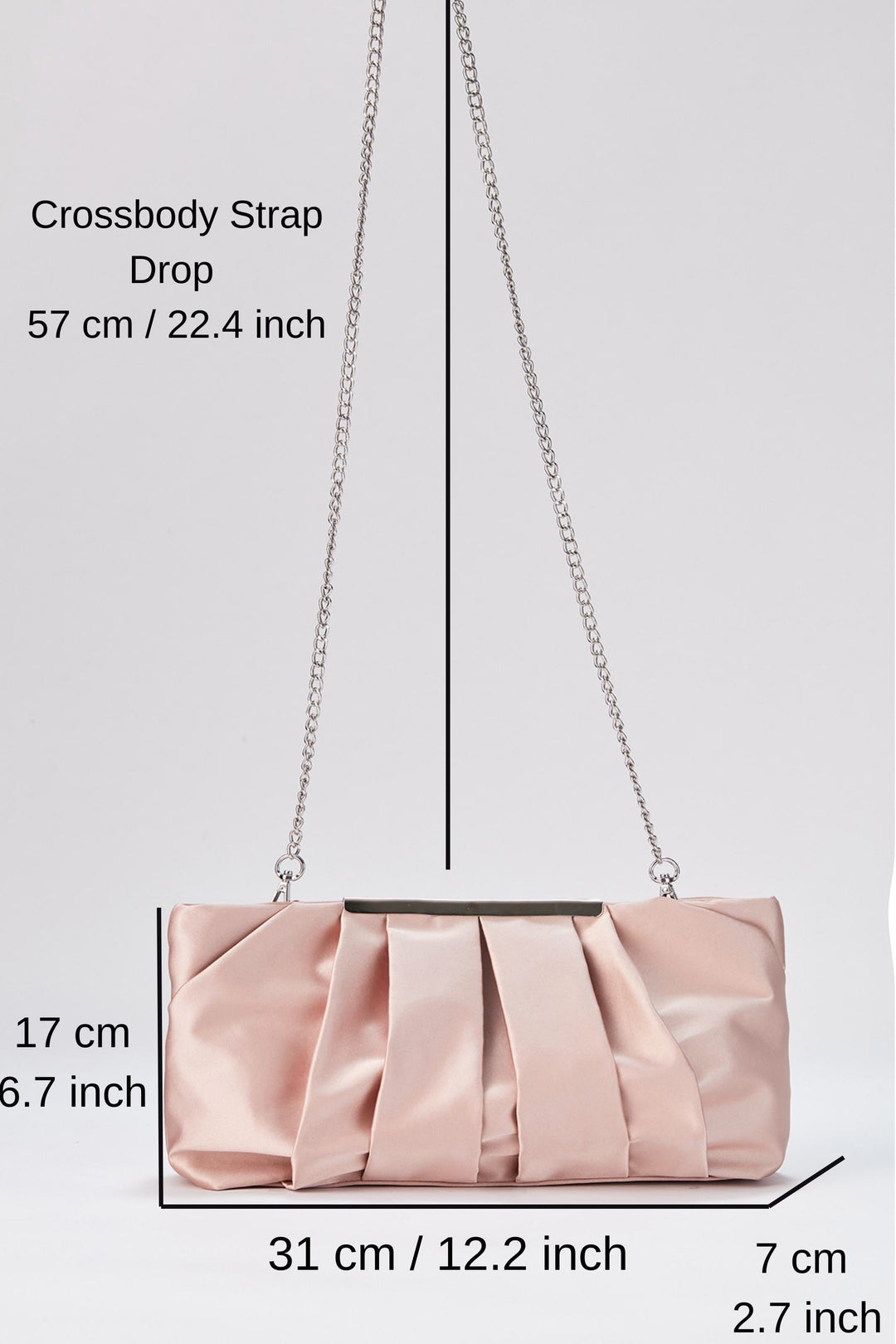 Pleated Satin Clutch Bag with Detachable Strap - Nude