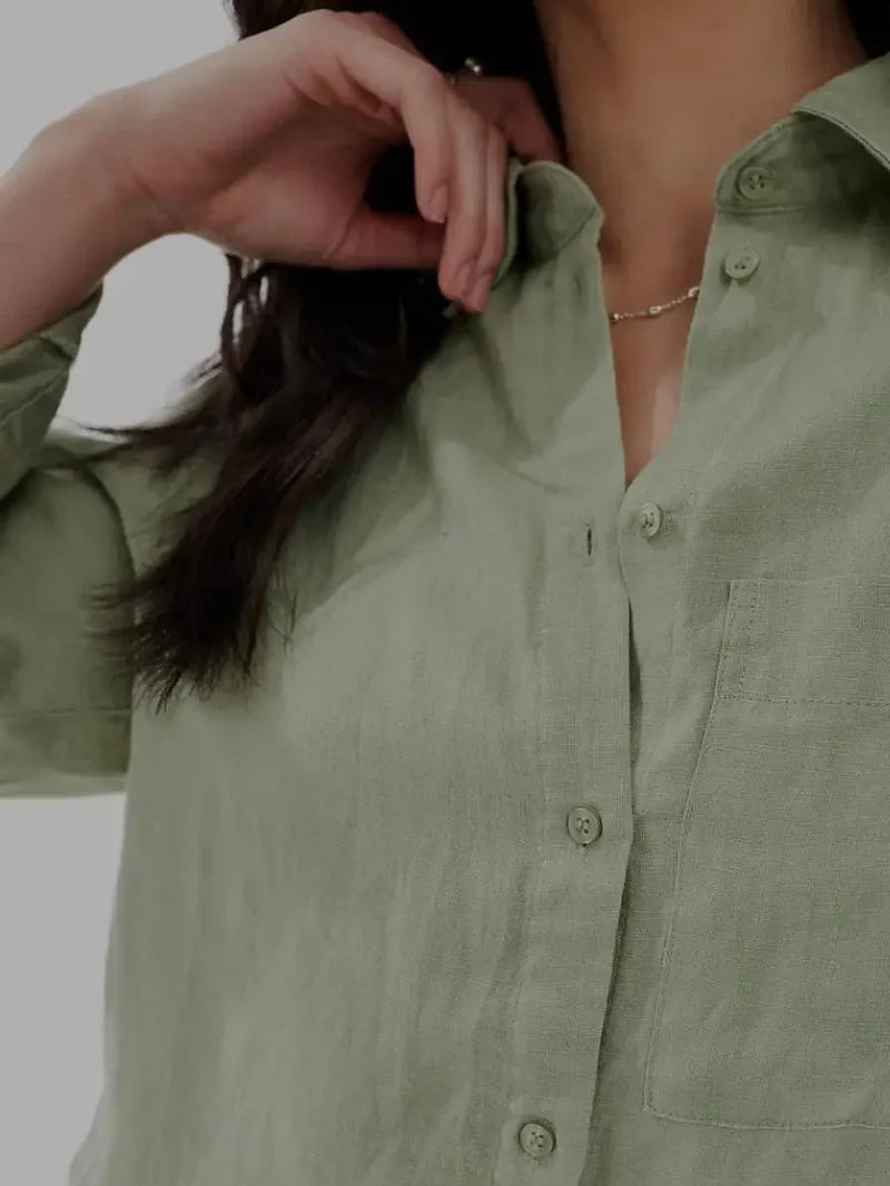 Linen Cotton Blend Turn Up Sleeve Shirt - jqwholesale.com