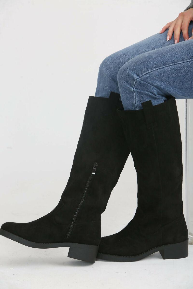 Black Suede Designer Knee High Flat Boot (PACK OF 12 PAIRS UK3-UK8) - jqwholesale.com