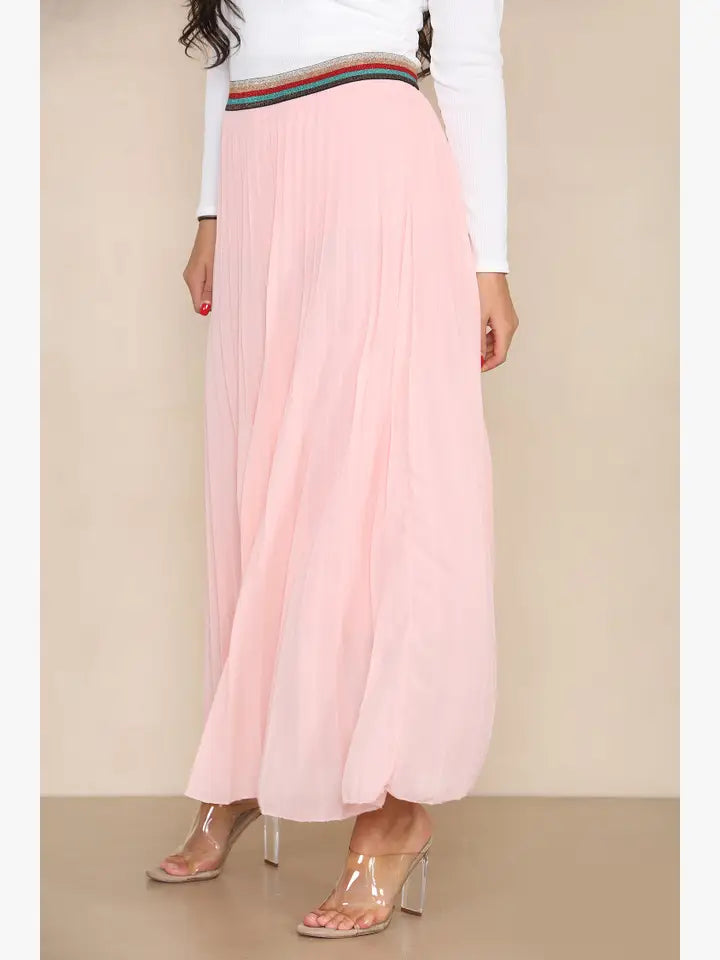 Pleated MAXI Skirt with Rainbow Elasticated Waistband - jqwholesale.com