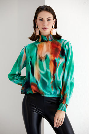 High Neck Long Sleeve Oversize Top in Green Abstract print - jqwholesale.com