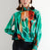 High Neck Long Sleeve Oversize Top in Green Abstract print
