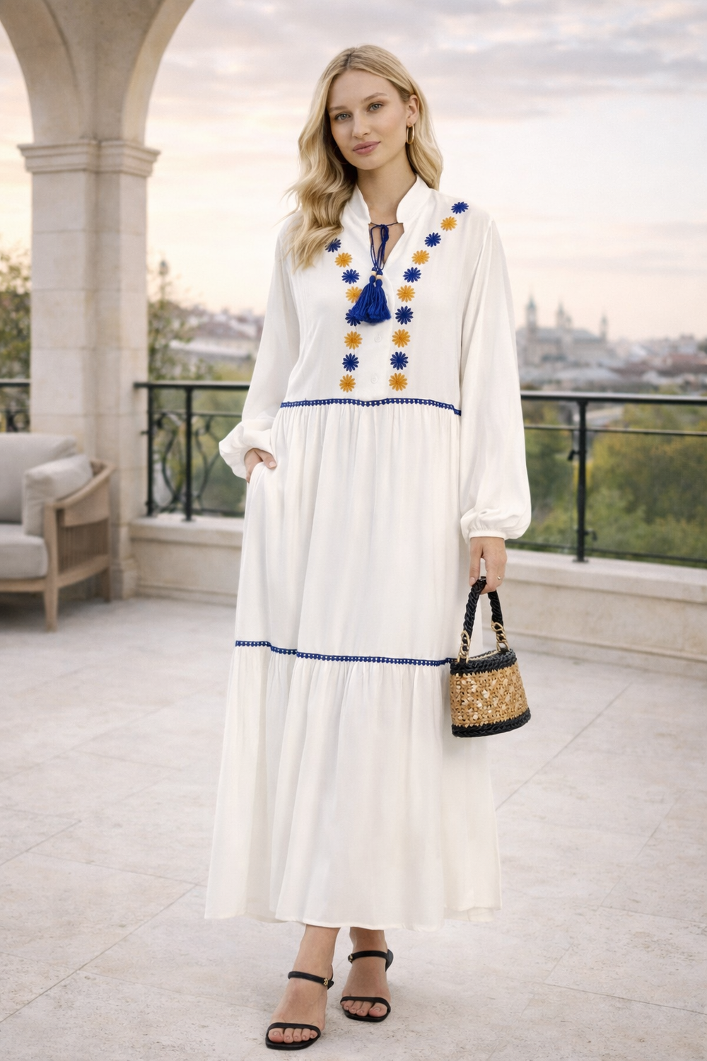 Embroidered Maxi Dress with Tassel Tie in White - jqwholesale.com