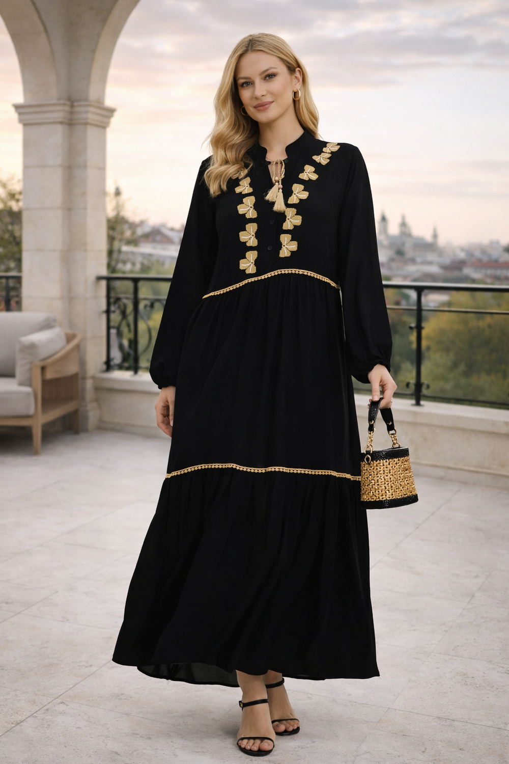 Embroidered Tiered Maxi Dress with Tassel Detail in Black - jqwholesale.com