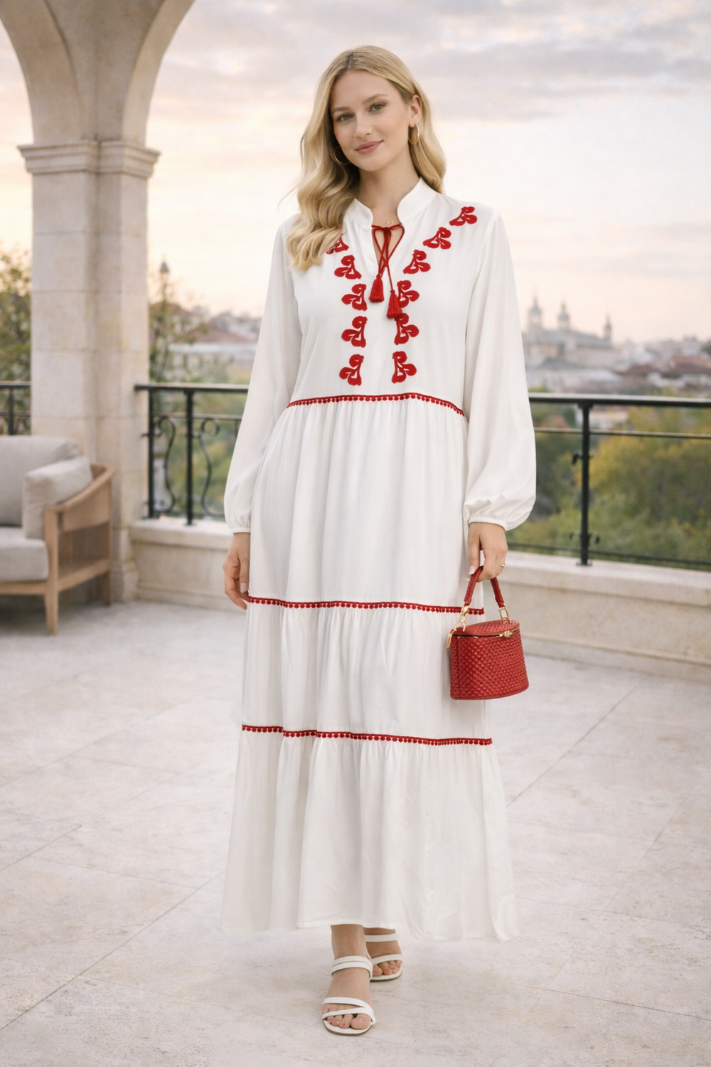 Embroidered Tiered Maxi Dress with Tassel Detail in White - jqwholesale.com