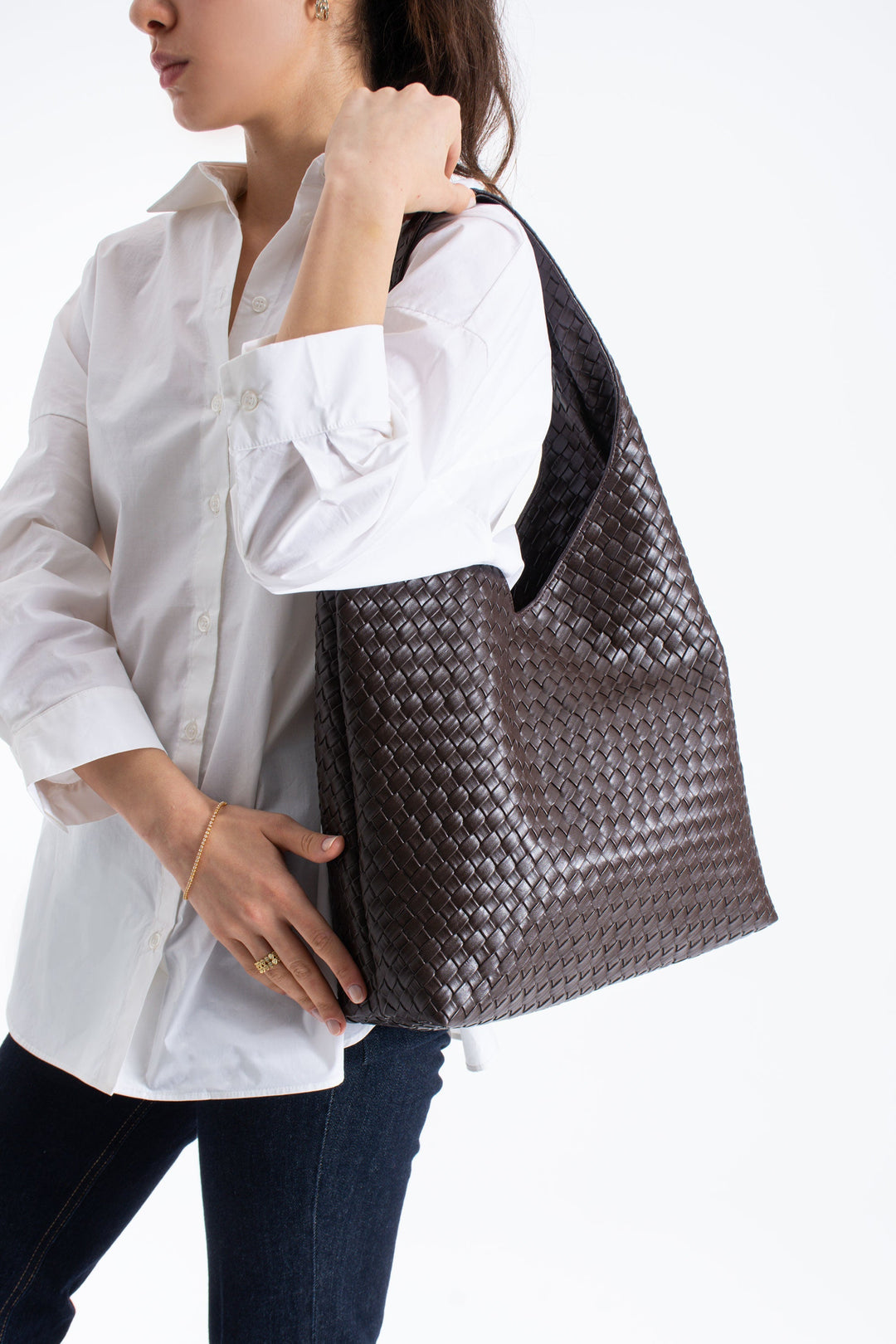 Woven Pu Leather  Slouchy Tote Bag - Brown