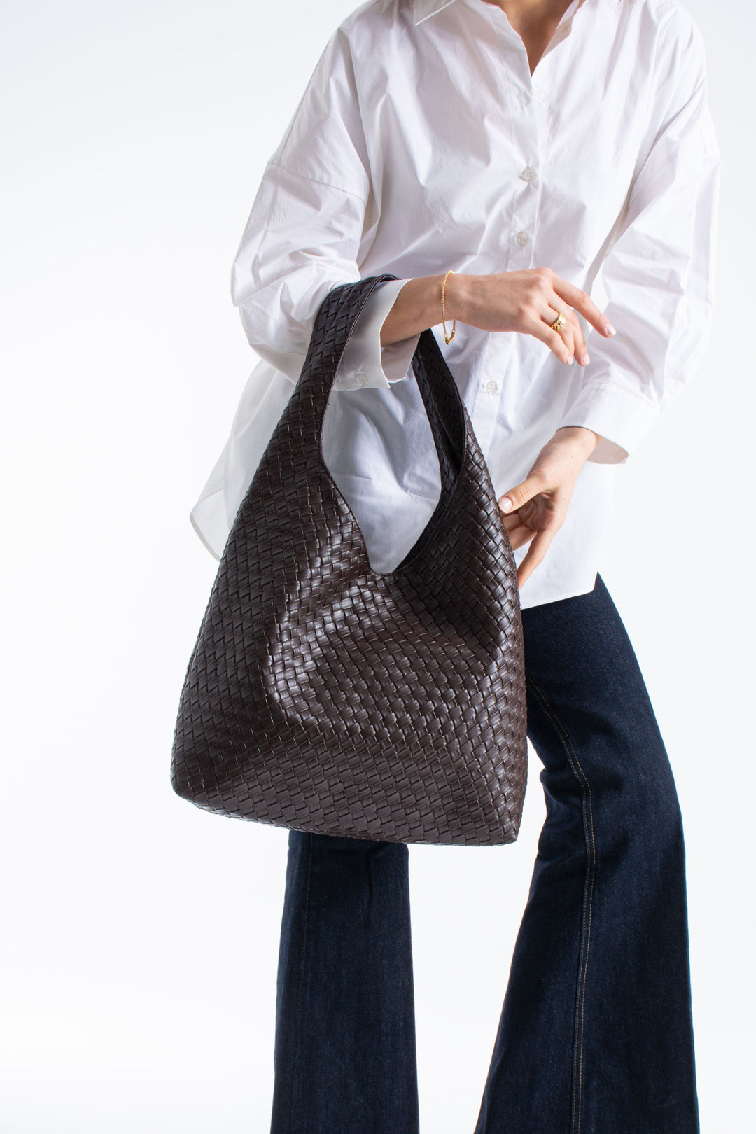 Woven Pu Leather  Slouchy Tote Bag - Brown