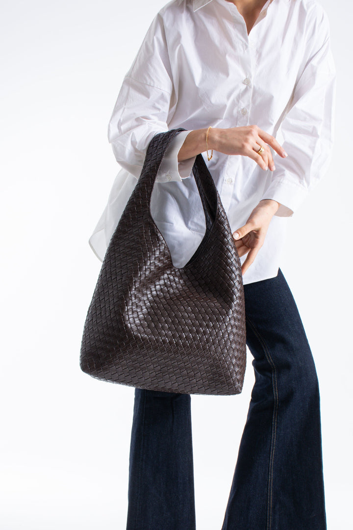 Woven Pu Leather  Slouchy Tote Bag - Brown