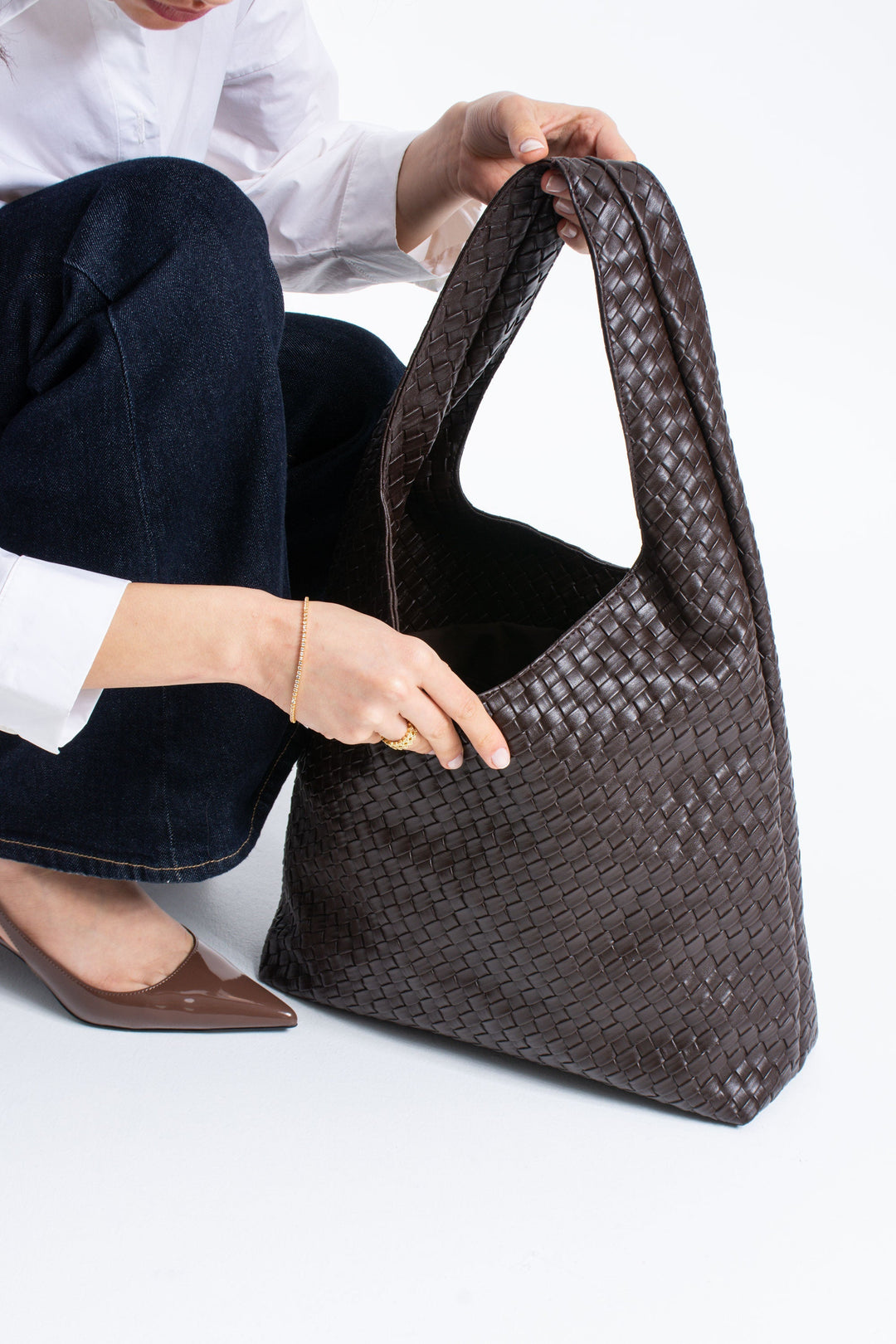 Woven Pu Leather  Slouchy Tote Bag - Brown