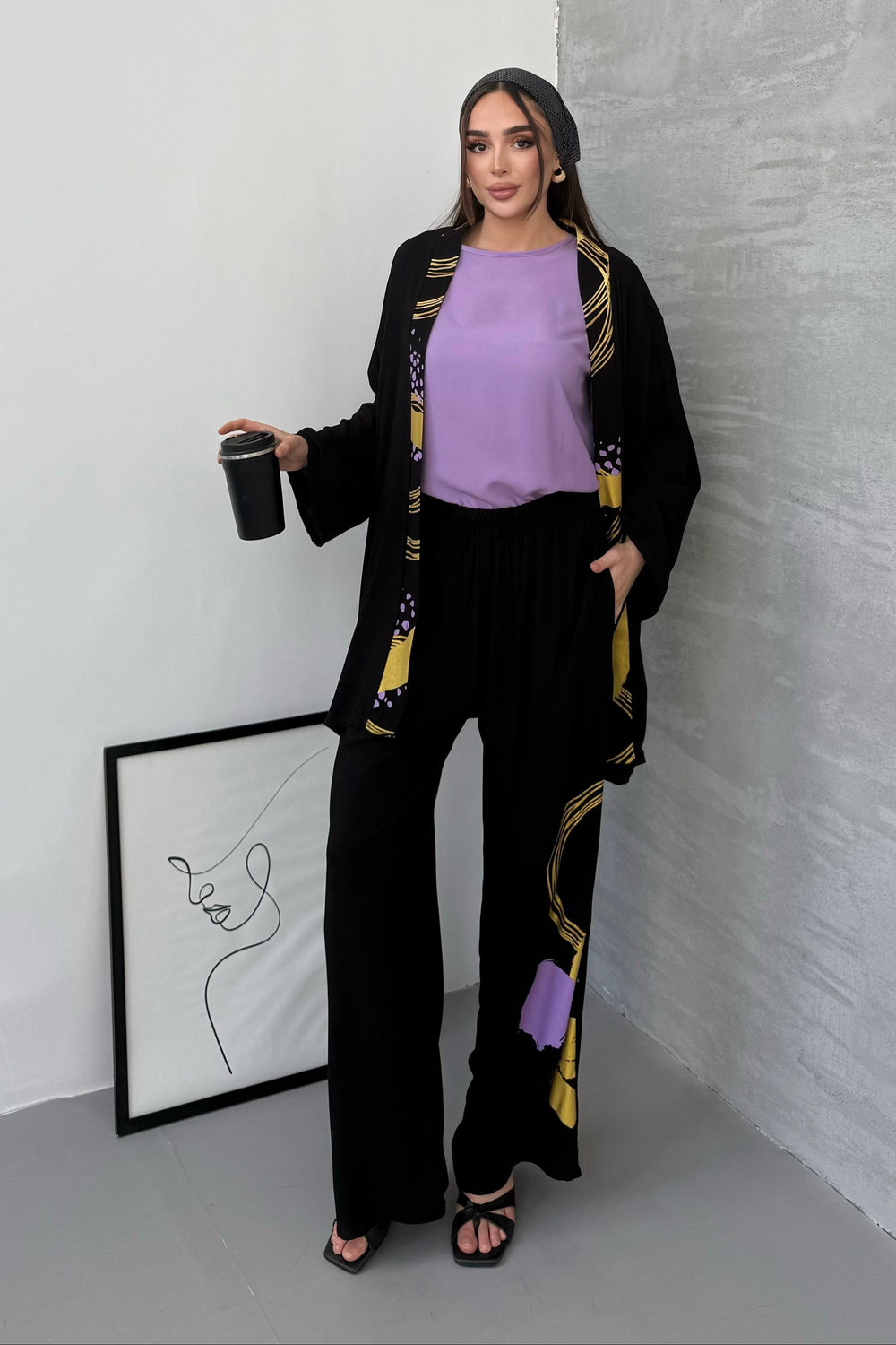 Abstract Print Kimono Co-Ord Set – Purple - jqwholesale.com