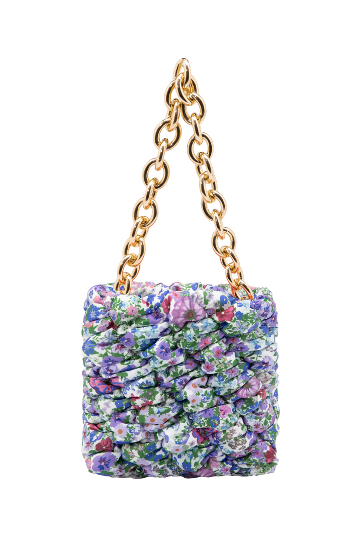 Blue Floral Ruched Mini Bag with Gold Chain - jqwholesale.com