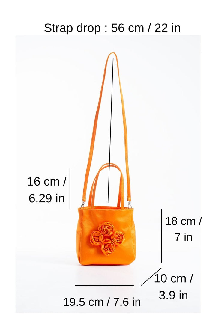 Floral Satin Handbag with Detachable Crossbody Strap - Orange
