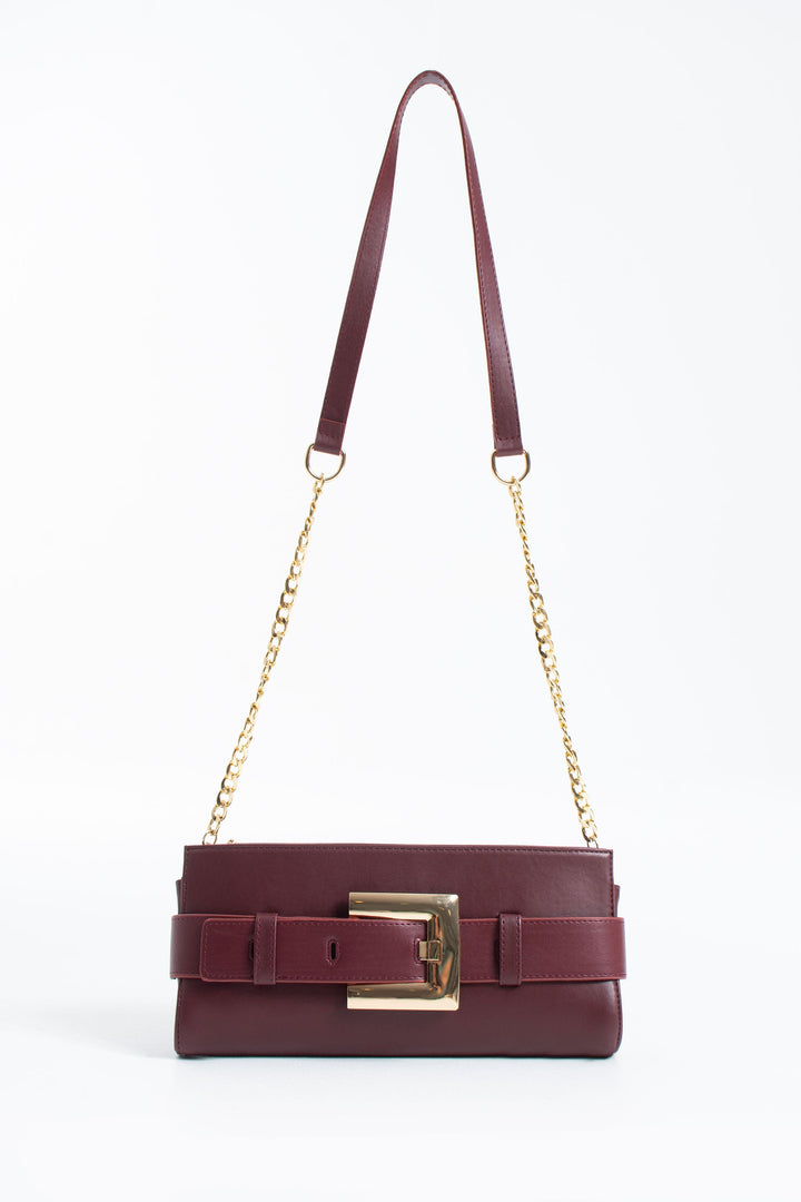 PU Leather Shoulder & Clutch Bag with Large Gold Buckle - Burgundy