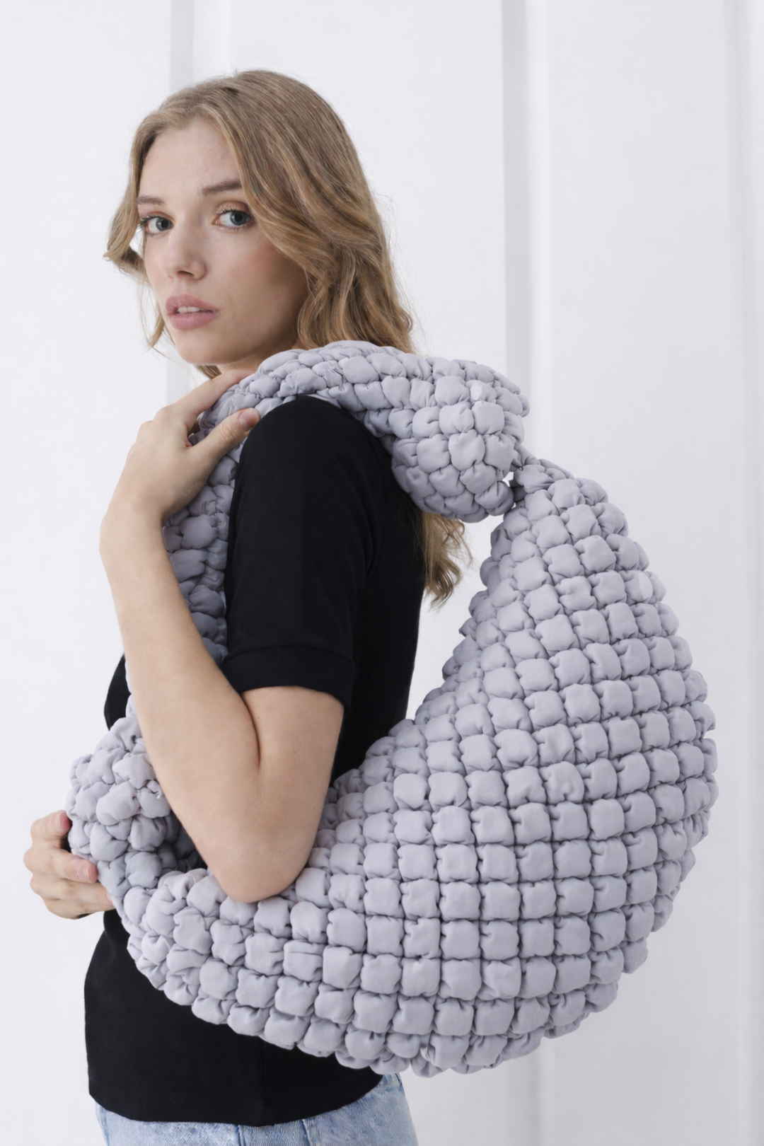 Puffy Quilted Lightweight Large Shoulder Bag - Grey
