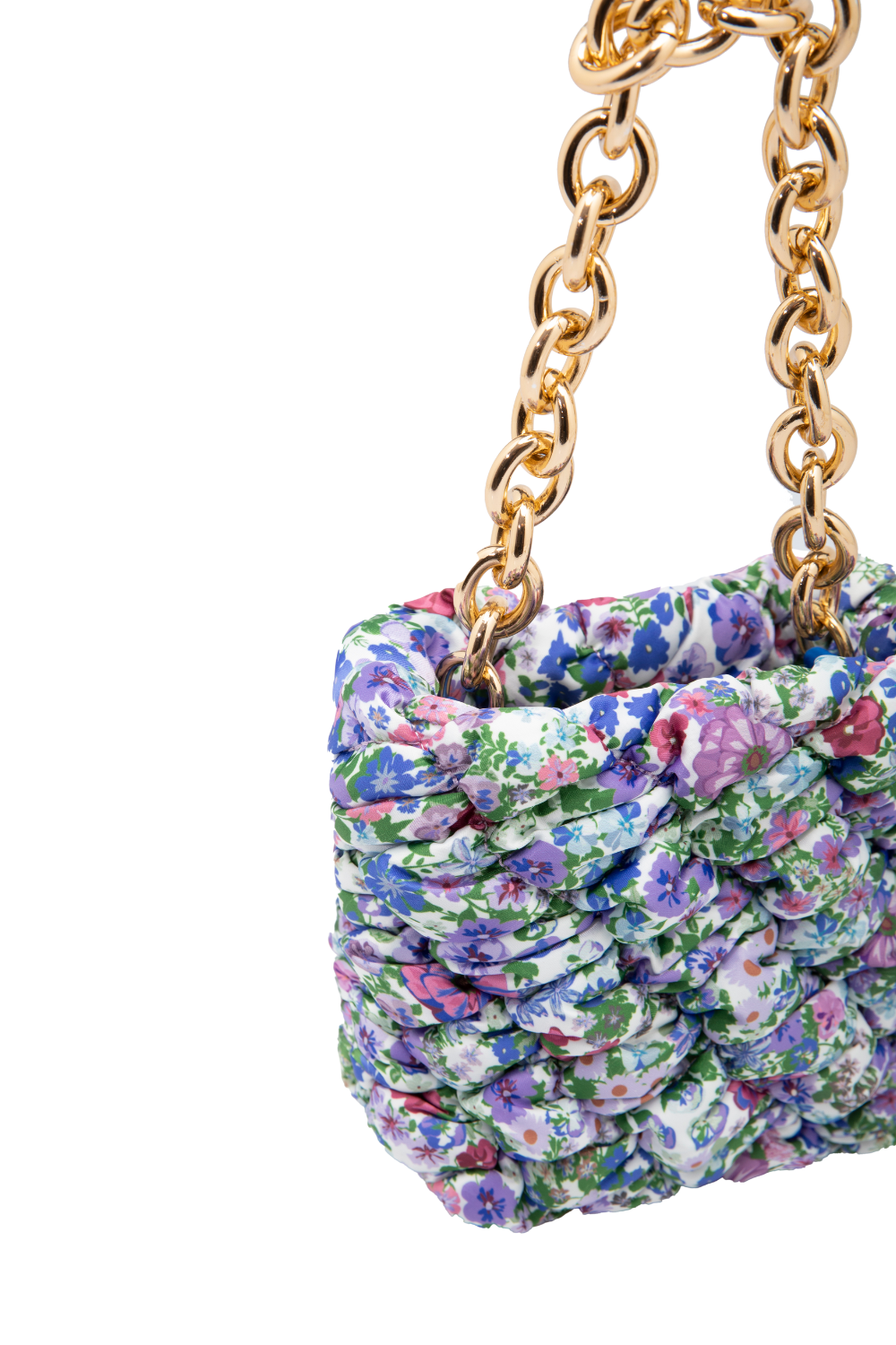 Blue Floral Ruched Mini Bag with Gold Chain - jqwholesale.com