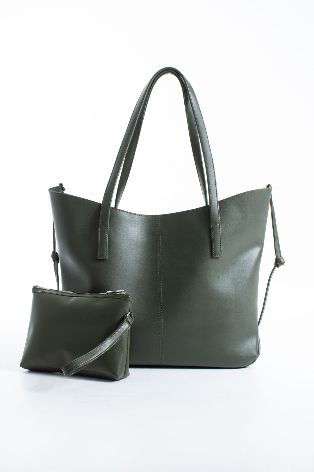 Pu Leather Large Tote Bag with Matching Zipper Pouch  2PCS Set - Green