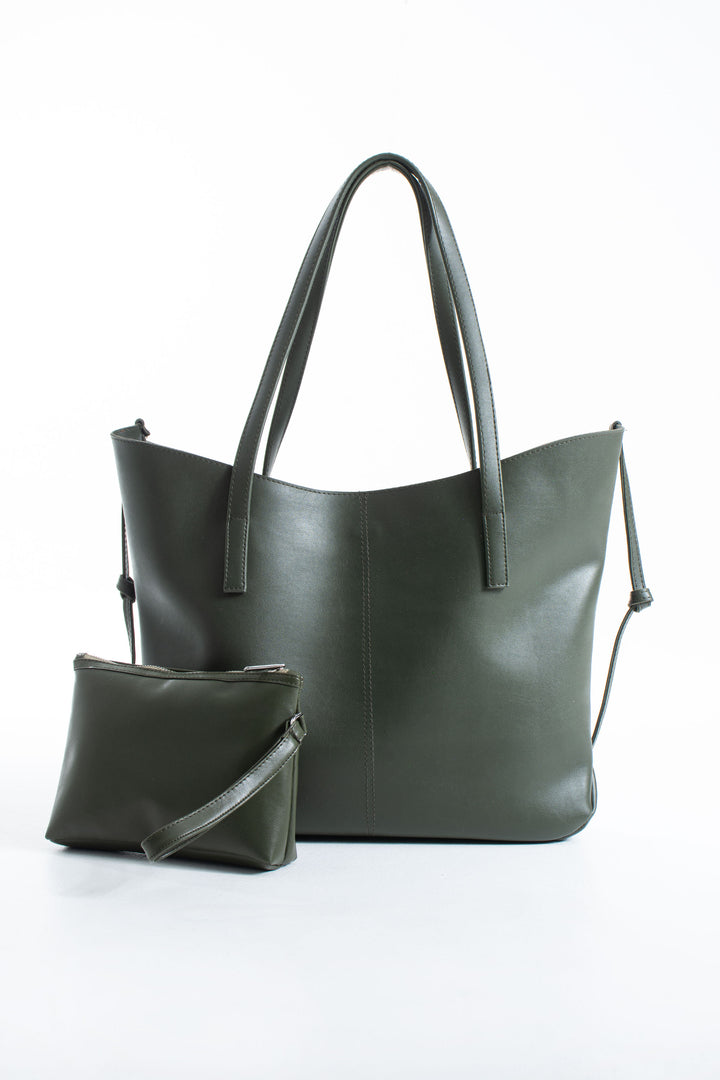 Pu Leather Large Tote Bag with Matching Zipper Pouch  2PCS Set - Green