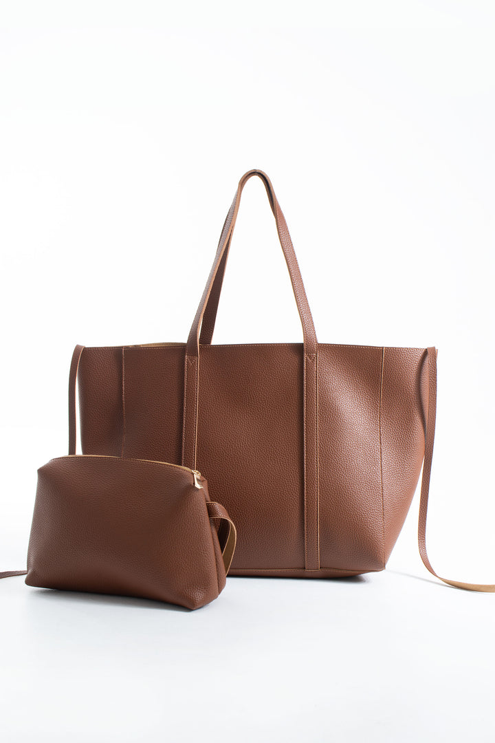 Pu Leather Weekend Bag  – 2 Pcs Set - Tan