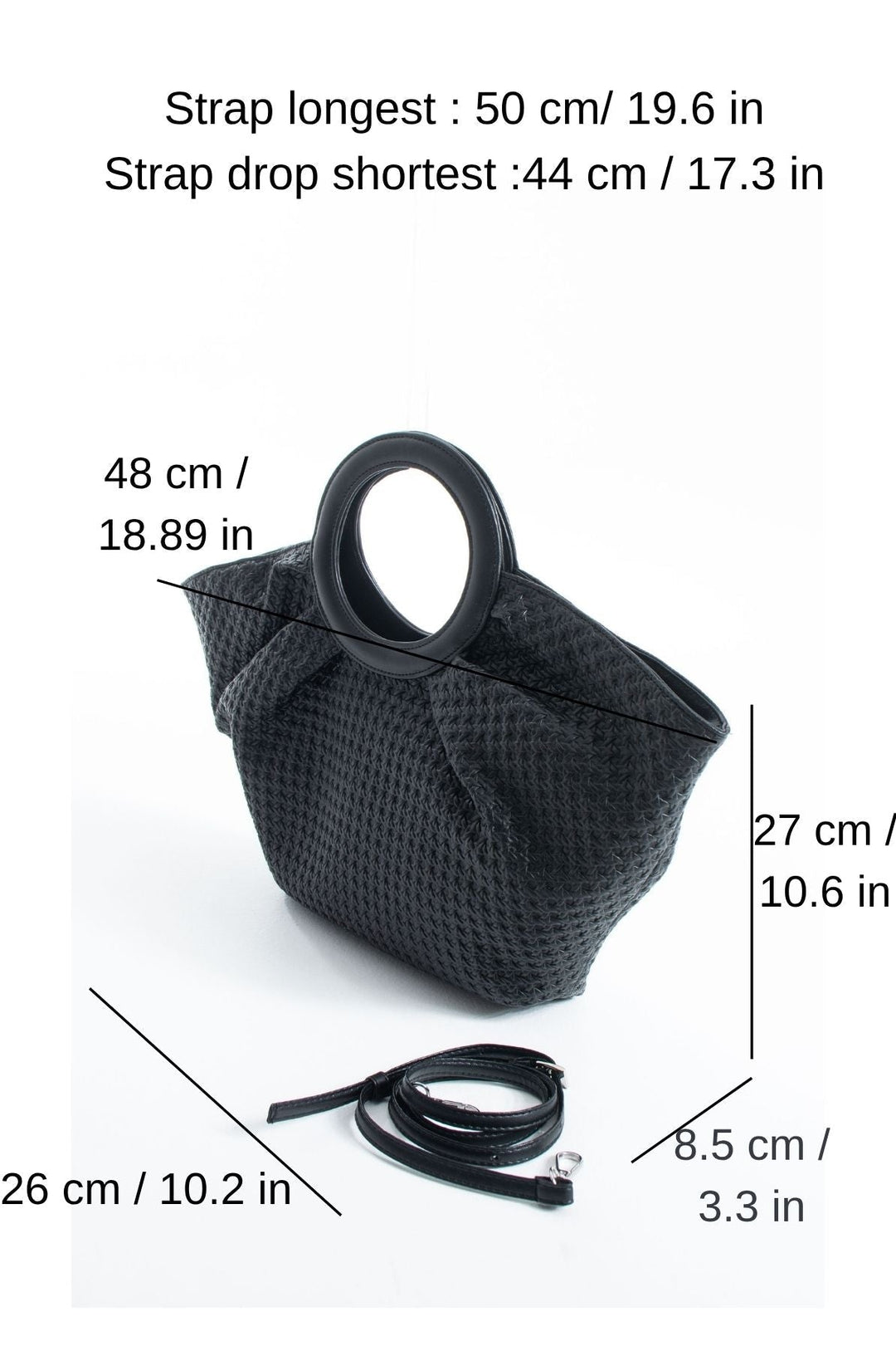 Woven  Pu Leather Top Handle Tote Bag with Adjustable  Crossbody Strap - Black