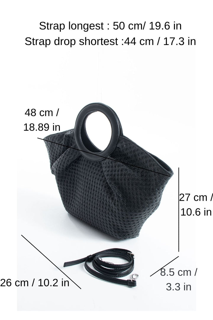 Woven  Pu Leather Top Handle Tote Bag with Adjustable  Crossbody Strap - Black